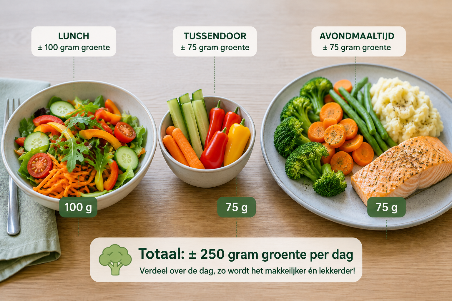 Voorbeeld van 250 gram groente verdeeld over lunch, tussendoor en avondmaaltijd