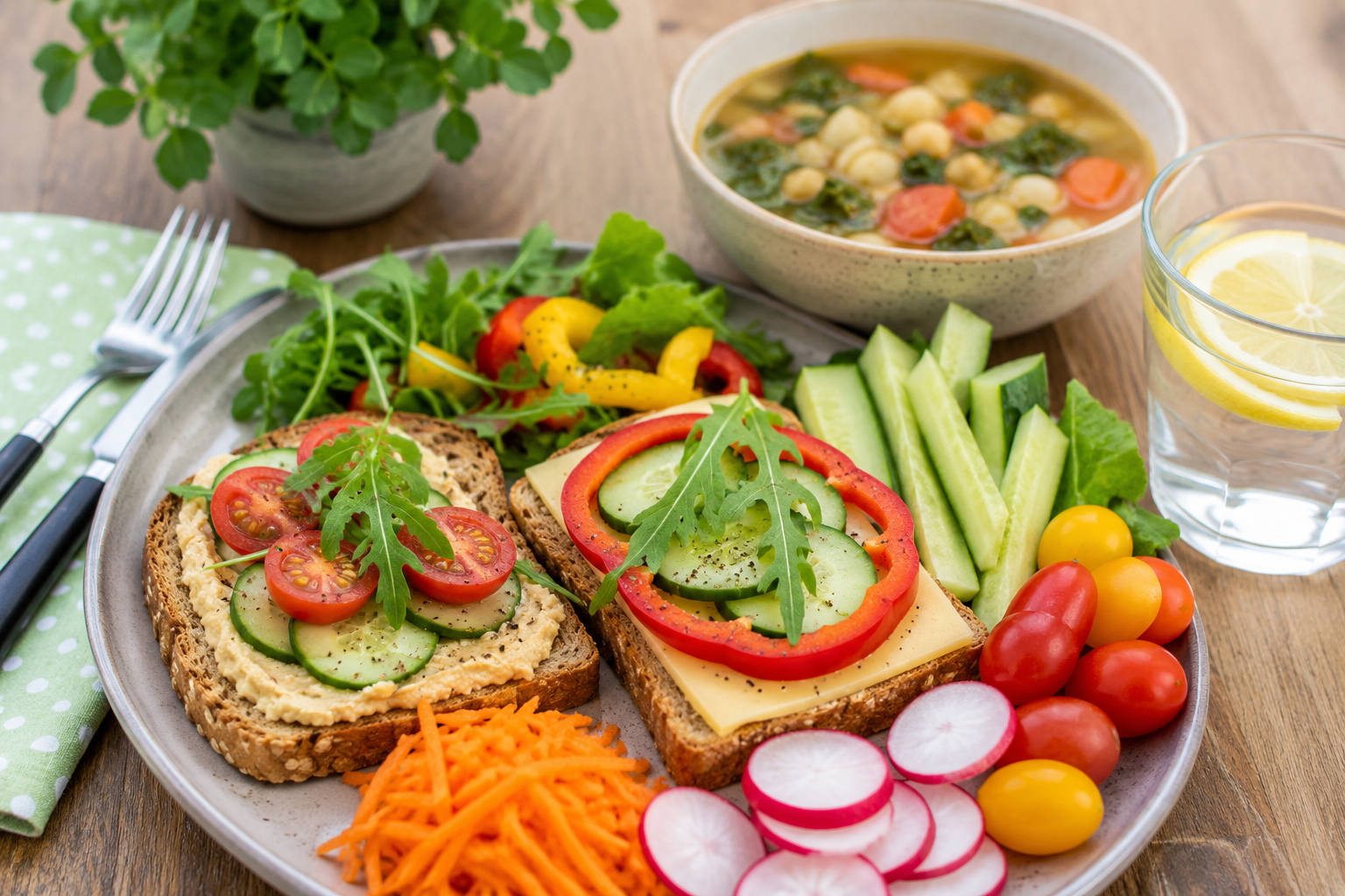 Lunch met verschillende soorten groente, volkorenbrood en rauwkost
