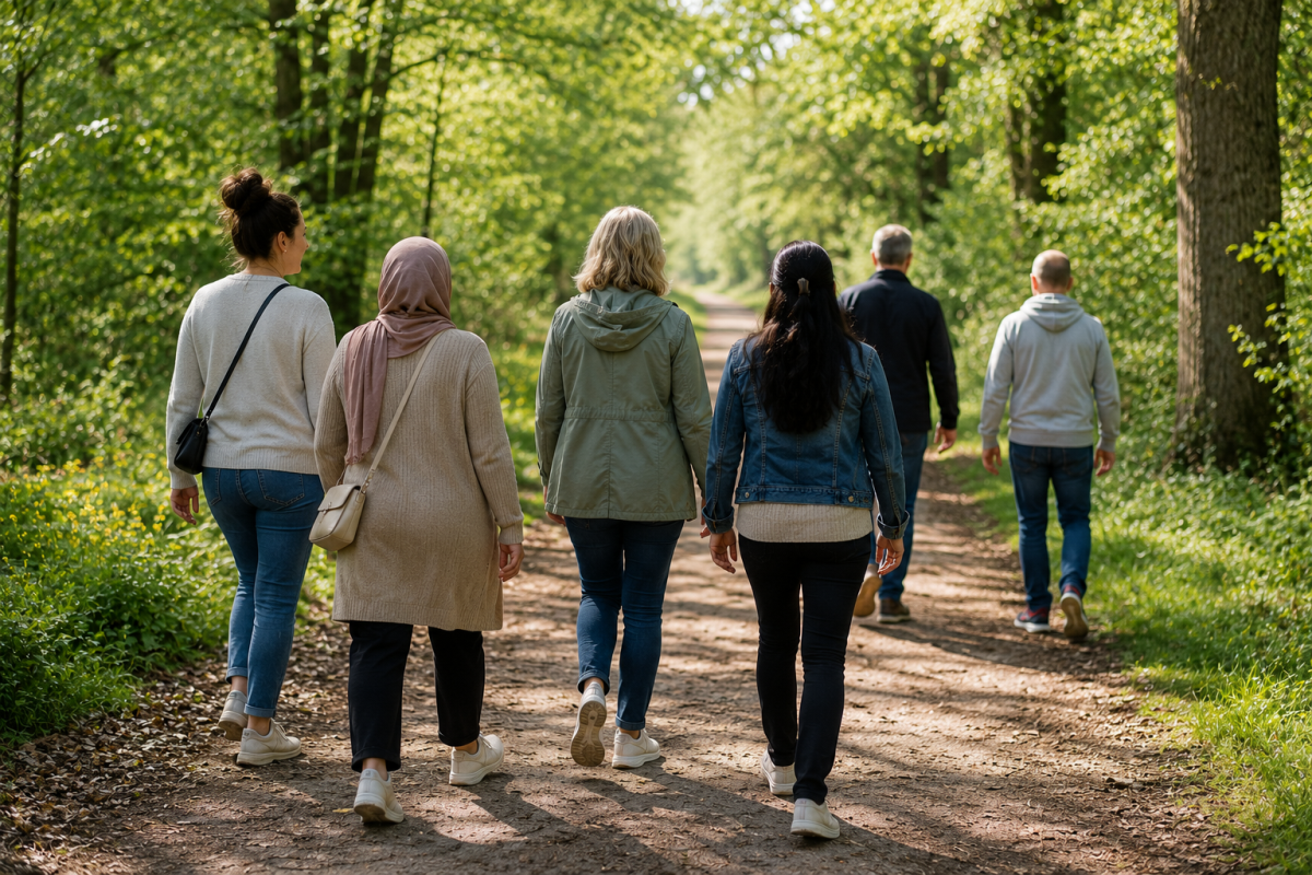 Groep deelnemers wandelt samen in de natuur tijdens een leefstijltraject